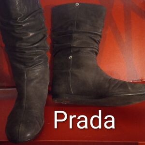 Prada Women's Black Suede Flat Boots. Size 37.5 EU or 7.5 US.